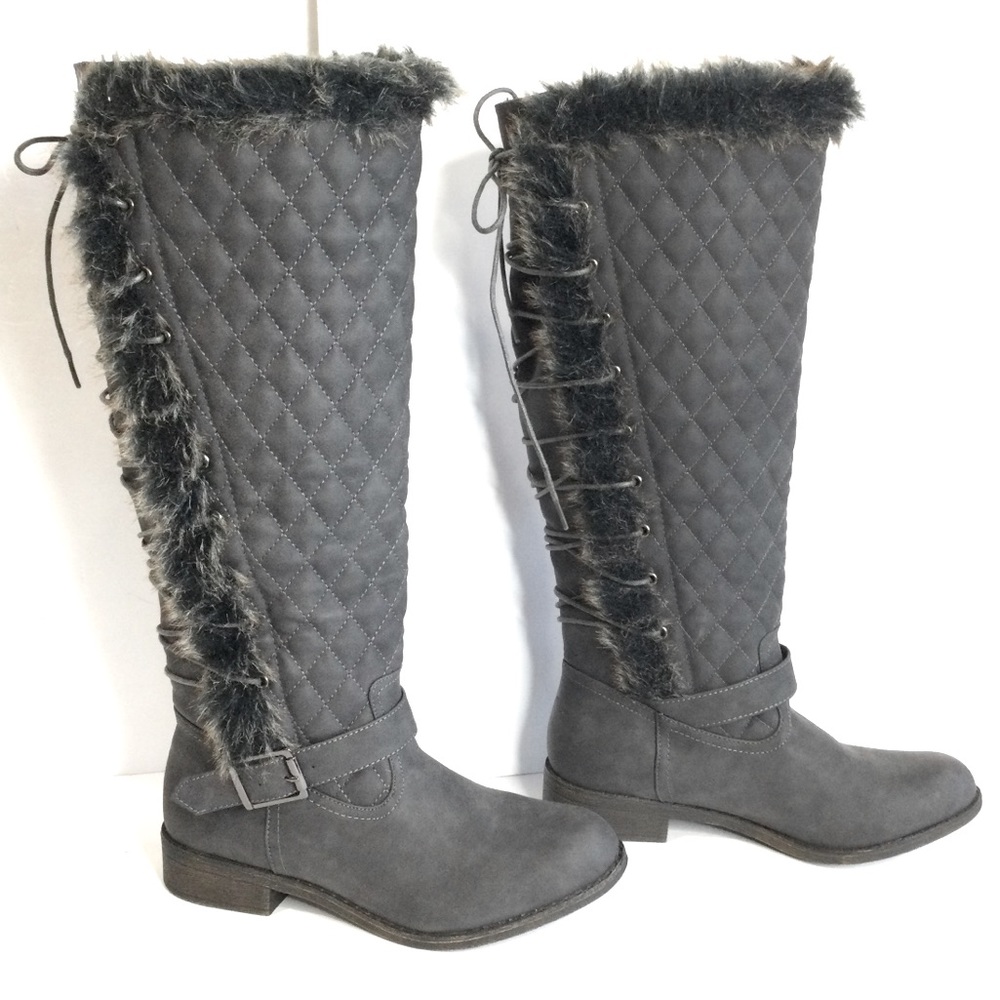 Just Fab Delphine Quilted Lace Up Faux Fur Knee High Boots